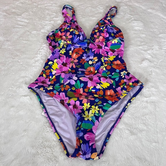 Cupshe Floral One Piece Swimsuit Navy Blue Pink Yellow V-Neck Size Medium NWT - Picture 4 of 12